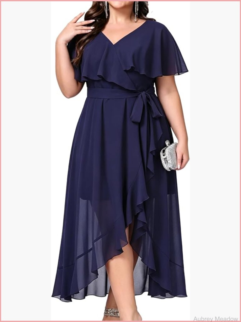 Plus Size V-Neck Ruffle Midi Formal Dress Evening Gown